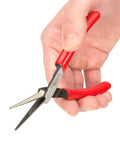Hand holding pocket sized mini needle nose pliers with serrated jaw, long tapered nose, and wide flat non-slip handles for precision grips.