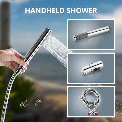 Wall Mount Outdoor Shower Kit With Handheld Spray, showing chrome handheld spray, hose, solid brass and SUS304 stainless steel construction.