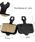 4 Pairs Resin Disc Brake Pads For Mountain Bikes With Dope Stopping Power Compatible With Elixir 1 3 5 7 9 R And Sram XO XX X7 X9 XXWC DB1 DB3 DB5 Low Noise Quick Break In Smooth Modulation Durable Replacement Pads showing dimensions and thickness detail.