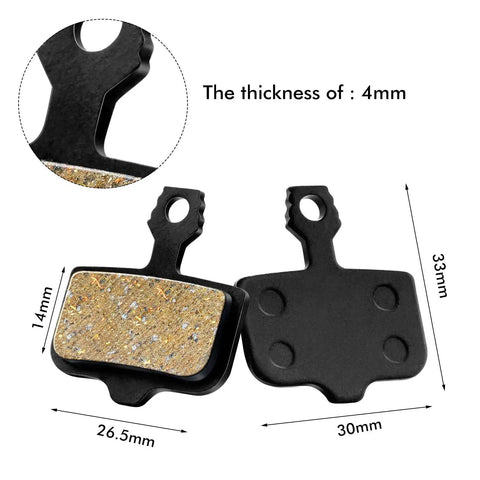 4 Pairs Resin Disc Brake Pads For Mountain Bikes With Dope Stopping Power Compatible With Elixir 1 3 5 7 9 R And Sram XO XX X7 X9 XXWC DB1 DB3 DB5 Low Noise Quick Break In Smooth Modulation Durable Replacement Pads showing dimensions and thickness detail.