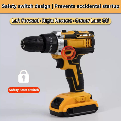 Compact Cordless Drill Driver Powered By A Brushless Workhorse Motor With Bullseye Torque Gears And Slick Stepless Speed Control For Serious DIY And Pro Builds, showing safety switch design.
