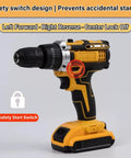 Heavy Duty Brushless Cordless Drill Driver With Copper Motor, Adjustable Torque And Stepless Variable Speed Trigger For No Nonsense Job Site Performance showing safety switch design and adjustable features.