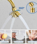 Wall Mount Kitchen Faucet With Sprayer, 360 Degree Swivel Spout, Double Cross Handles, 8 Inch Center, Antique Brass, water flow