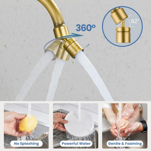 Wall Mount Kitchen Faucet With Sprayer, 360 Degree Swivel Spout, Double Cross Handles, 8 Inch Center, Antique Brass, water flow