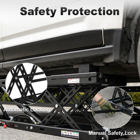 8,000-Lb Portable Car Lift With Heavy Duty Hydraulic Quick Jack for Sedans and SUVs under vehicle showing safety locks and lift