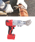 Rock Solid 18v Cordless Metal Shears With Brushless Motor Cuts Steel Aluminum, close-up of shears cutting metal sheet.