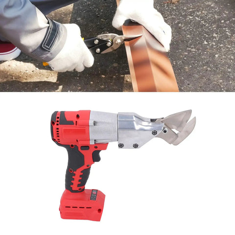 Rock Solid 18v Cordless Metal Shears With Brushless Motor Cuts Steel Aluminum, close-up of shears cutting metal sheet.