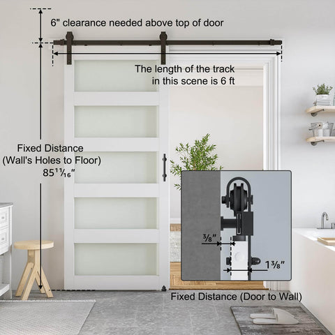 34 X 84 Inch Glass Barn Door With 6 Ft Sliding Hardware Kit And Handle, Pre Drilled Ready To Assemble, Waterproof PVC Coating, White, 5 Panel Glass, Frosted On One Side And Clear On The Other, Space Saving Modern Interior Door installed