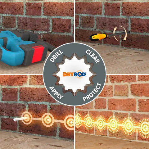 Damp Proofing Rods Ten Pack Next Generation DPC Treatment For Rising Damp Walls DIY install process illustration
