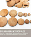 Assorted sizes of 100 Pcs Wooden Hole Plugs Set for Furniture Screw Holes Covers on a display surface
