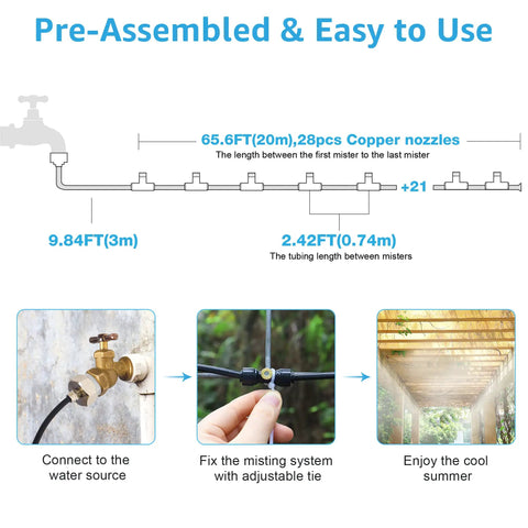 Diagram showing Outdoor Patio Misting System Kit For Cooling, 75 Feet With 28 Brass Nozzles And Three Quarter Inch Adapter setup