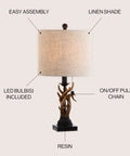 Brown Rustic Antler Table Lamp For Bedroom And Lodge Cabin Decor, 20.5 Inch Faux Antler Style Desk Lamp With Gray Linen Shade