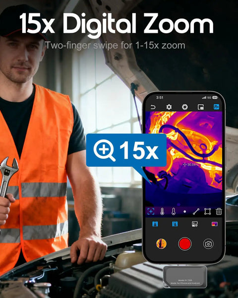 Smartphone Thermal Imaging Camera With 320x240 IR Resolution For iOS And Android USB-C Compatible showing 15x digital zoom feature