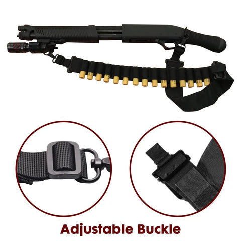 Black Tactical Ammo Sling For Shotgun And Rifle, Adjustable Shell Belt That Holds 15 Rounds, Fits 12 Gauge And 20 Gauge