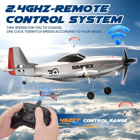 P51 Foam Glider RC Plane For Kids And Beginners with remote control flying in the sky demonstrating 2.4GHz control system