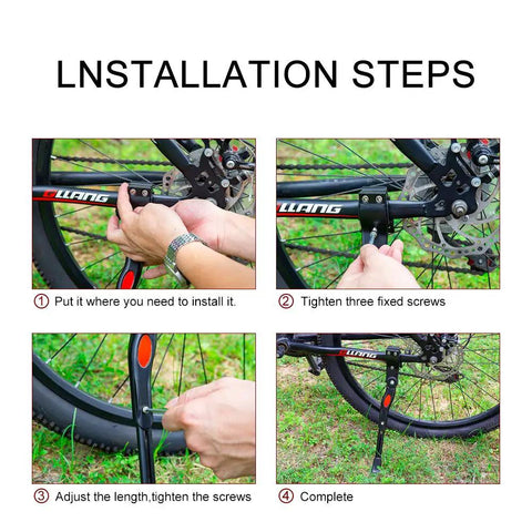 Installation steps for Adjustable Aluminum Bike Kickstand For 22 To 26 Inch Wheels, Rear Side Stand For Mountain Road BMX And Adult Bikes