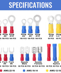 Qibaok 1500pc insulated wire terminal kit; ring, fork, spade, butt connectors in red, blue, yellow (front view).