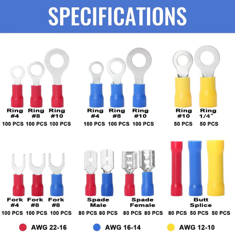 Qibaok 1500pc insulated wire terminal kit; ring, fork, spade, butt connectors in red, blue, yellow (front view).