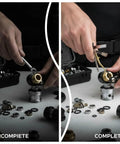 Two images showing Nine In One Scuba Diving Travel Tool Set in 420 stainless steel and brass used for valve assembly and repair.