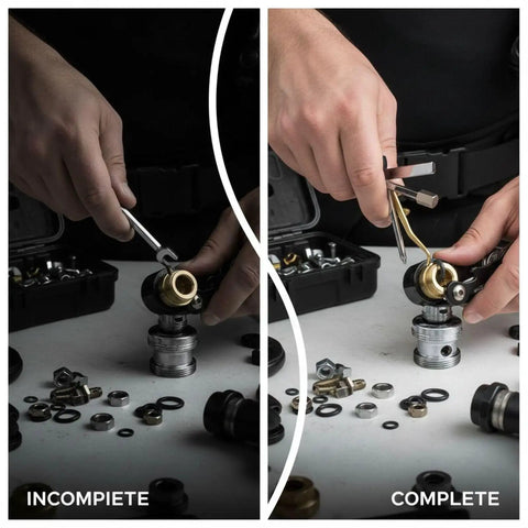 Two images showing Nine In One Scuba Diving Travel Tool Set in 420 stainless steel and brass used for valve assembly and repair.
