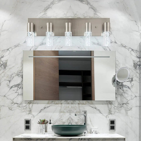 Five Light Brushed Nickel Vanity Light Fixture With 40W 6000K Non Dimmable LED above a modern bathroom mirror
