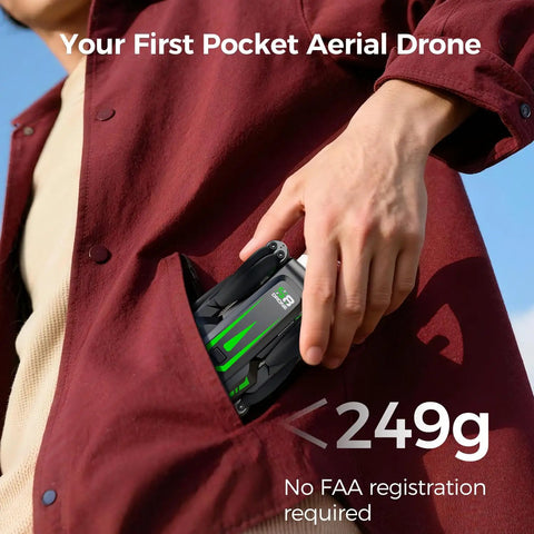 Person placing foldable GPS drone with EIS 4K camera into jacket pocket, highlighting lightweight design under 249g.