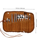 Outdoor Dining Kit Stainless Steel Camping Tableware Set with spoons, forks, and knives in portable brown pouch