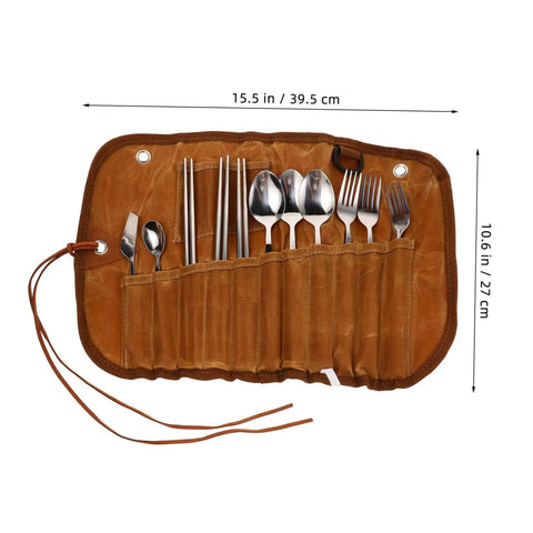 Outdoor Dining Kit Stainless Steel Camping Tableware Set with spoons, forks, and knives in portable brown pouch