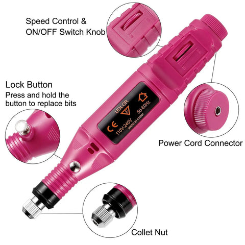 Electric Corded Hand Drill Kit With Pin Vise Set Pro Grade 17 Drill Bits 10 Collets 200 Screw Eye Pins close-up view