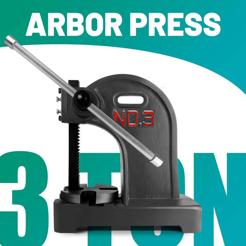 Badass 3 Ton Manual Arbor Press With Smooth Hand Wheel, Heavy Duty Cast Iron Frame And 12 Inch Capacity For Riveting Hole Punching, Bending And Metal Forming Projects Done Right Without The Hassle In Black, angled view.