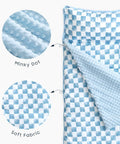 All In One Toddler Nap Mat With Pillow And Minky Fleece Blanket, Blue White Gingham Grid Checkered Design, fabric details shown