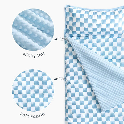 All In One Toddler Nap Mat With Pillow And Minky Fleece Blanket, Blue White Gingham Grid Checkered Design, fabric details shown