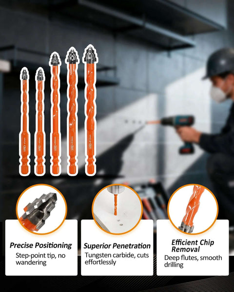 BGTEC four-blade serrated masonry drill bits set, 10 pcs, 3/16-1/2 in, orange-coated carbide