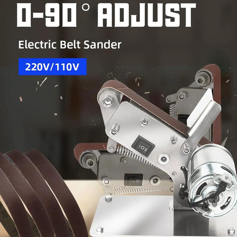 Heavy Duty Mini Belt Sander With 90 Degree Adjustable Head showing the adjustable angle and powerful motor design.