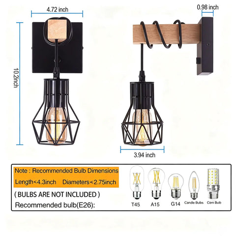 BANGANMA 2 Pack Farmhouse Wall Sconces, Hardwired E26 Wood Cage for Bedroom, showing dimensions and design features.