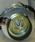 4 Inch Brake Band With Pin Kit for Vintage Mini Bikes Go Karts and ATVs, showing steel drum and gear assembly with cable hole pin.