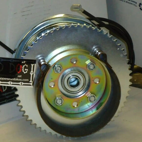 4 Inch Brake Band With Pin Kit for Vintage Mini Bikes Go Karts and ATVs, showing steel drum and gear assembly with cable hole pin.