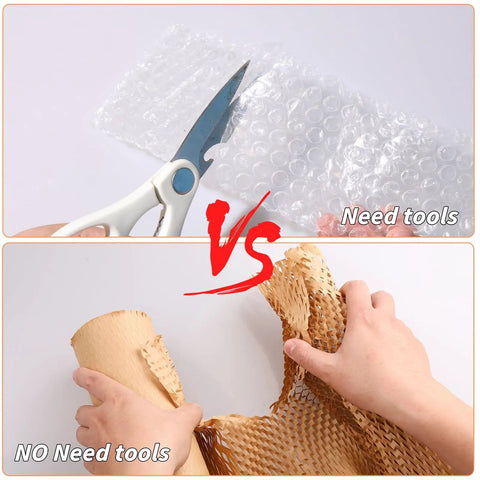 Comparison of cutting bubble wrap with scissors vs tearing Eco Friendly Packing Paper Roll With Honeycomb Cushioning by hand.
