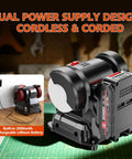 Compact Dual Power Mini Bench Grinder Workhorse for Jewelry Polishing, cordless and corded with flexible shaft in workshop