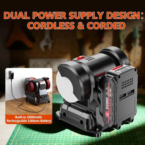 Compact Dual Power Mini Bench Grinder Workhorse for Jewelry Polishing, cordless and corded with flexible shaft in workshop