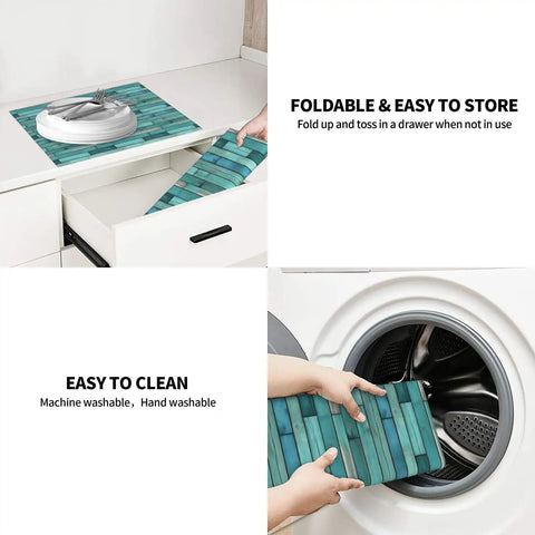 Cyan Wood Grain Dish Drying Mat for Kitchen Counter with Ultra Absorbent Microfiber Surface shown folded and machine washable.