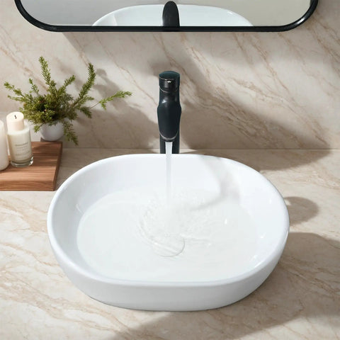 Oval Vessel Sink 19x14 Inches Ceramic Above Counter White Porcelain Modern Art Basin For Lavatory Vanity Cabinet Sleek Dope Look Durable White Glaze Easy Clean Contemporary Bathroom Fixture