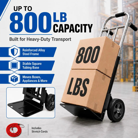 Heavy Duty Folding Hand Truck Dolly With 8 Inch Puncture Resistant Tires 650 To 800 Lb Capacity in warehouse