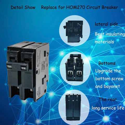 Front and side view of 70 Amp 2 Pole Circuit Breaker For 120/240V Load Centers Plug-N-Play Thermal Magnetic Breaker Replacement For HOM270
