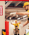 Worker near fire extinguisher with Pack Of 12 Fire Extinguisher Stickers 4 By 12 Inches, 5 Mil Vinyl, Weatherproof Self Adhesive Signs With Arrow