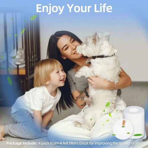 Woman and child playing with dog, inset showing 4 Pack 3.7 Inch High Replacement Base Pre-Motor Foam Filters For Shark IQ Robot Vacuum R101AE RV1001AE UR1005AE Self-Empty Base Easy Install And Durable Filtration Kit To Boost Suction Prolong Motor Life And Keep Floors Clean
