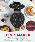 Treat Maker System For Mini Donuts, Cupcakes, And Heart Shaped Waffles - Interchangeable Plates With Nonstick Coating, Aqua