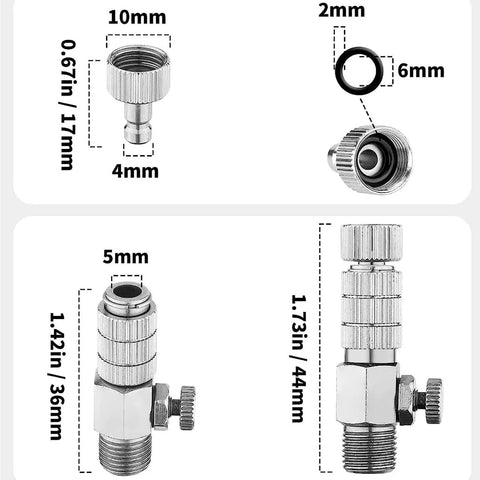 Airbrush Quick Disconnect Coupler With Release Valve Adapter showing dimensions, includes five male fittings, one eighth inch M to F.