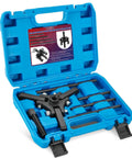 Harmonic Balancer Puller Kit With Adjustable 3 Jaw Pulley in blue case, showing tools and fittings, for Chevy GM Chrysler Ford