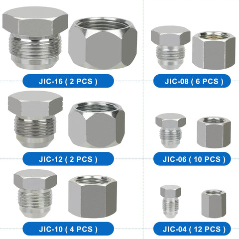 JIC Cap And Plug Set For 37 Degree Flare Hydraulic Hose Fittings Carbon Steel 72 Pieces Sizes 4 6 8 10 12 16